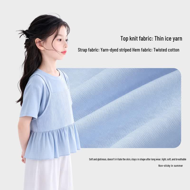 Girls' Fake Two-Piece Short Sleeve T-Shirt