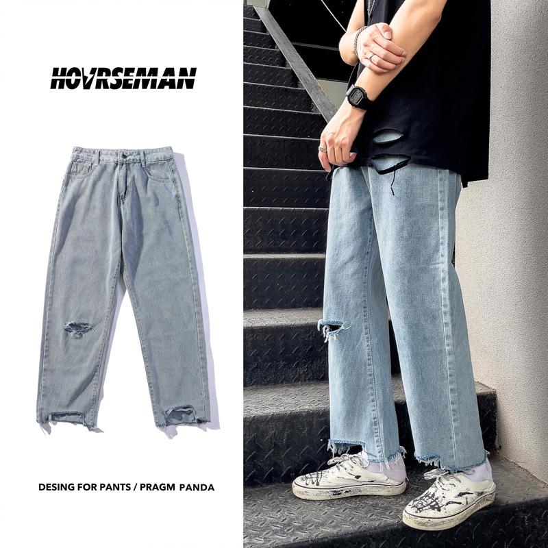 Verano Hong Kong Estilo Pantalones de pierna ancha Pantalones largos para  hombres Tendencia estilo coreano Nueve puntos Rasgados Jeans de hombre  Recto Suelto comprar a buen precio — entrega gratuita, reseñas reales
