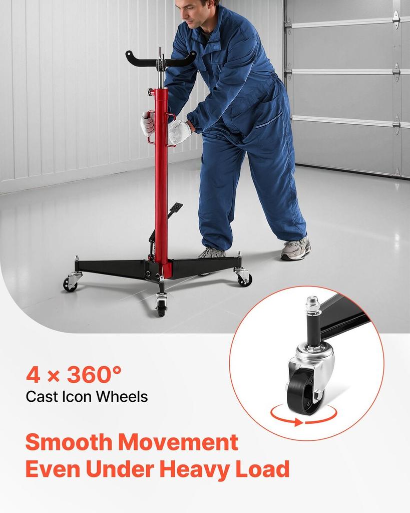 Hydraulic Transmission Jack, 1100 Lbs / 0.5 Ton Lifting Capacity Telescoping Transmission Jack with Foot Pedal, 360° Swivel Wheel, 112-187 Cm High