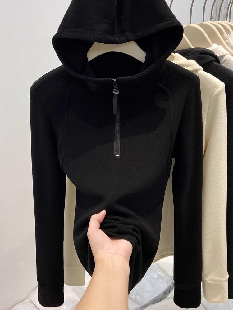 Plain Color Double Sided Fleece Hoodie For Women With Zippered Design For Casual Winter Wear