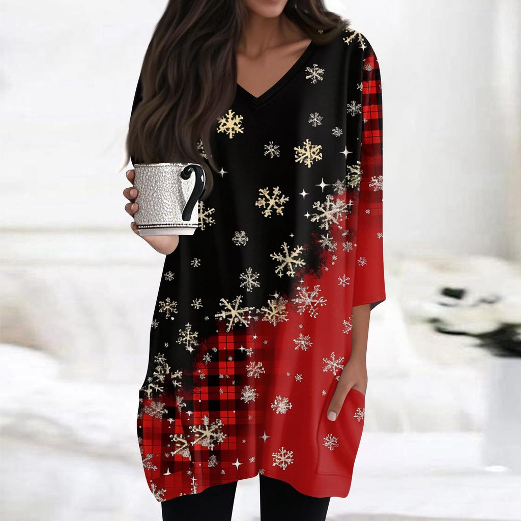 Womens Tops V-neck 3/4 Sleeve Blouses Casual Mid-length Shirts Fashion Christmas Print Tunic Tops With Pockets