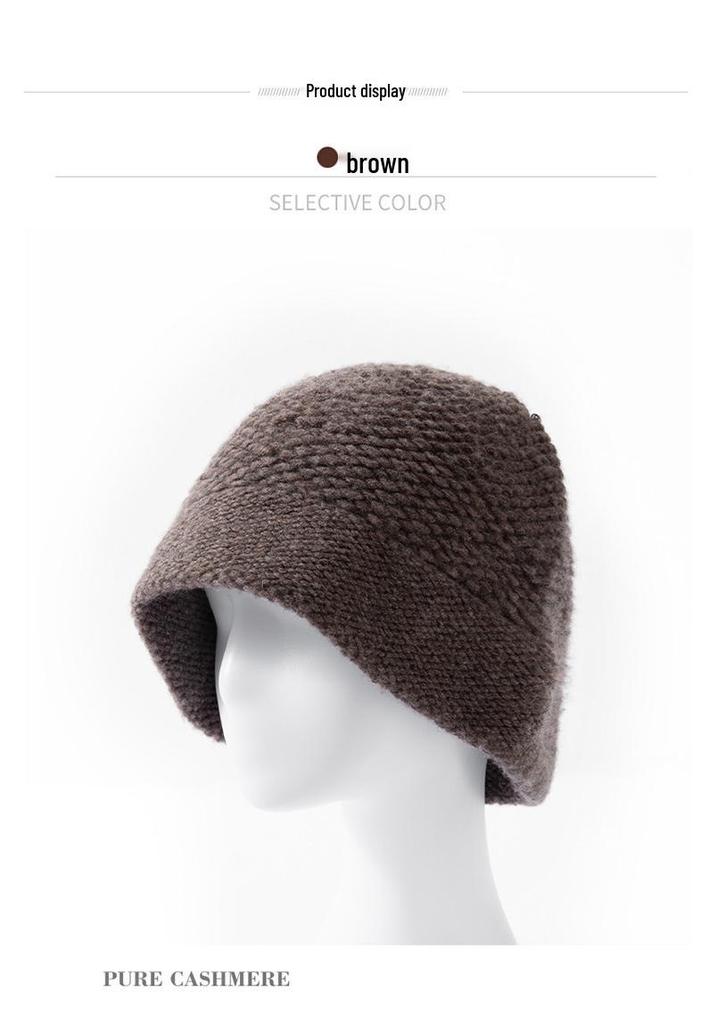 Women's 100% Pure Cashmere Knit Bucket Hat - Autumn/Winter Thickened Design for a Slimmer Face Look