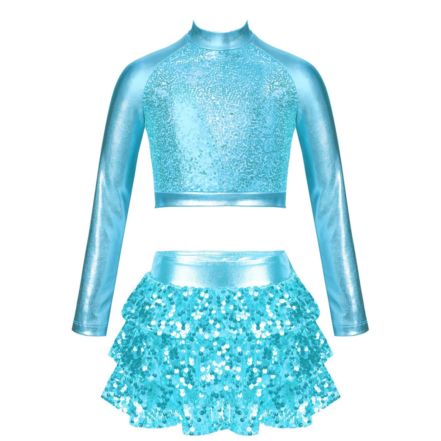 

Детский костюм для джазовых танцев для девочек, блестящий укороченный топ металлического цвета с длинными рукавами и шорты с юбкой, костюмы для балета, гимнастики 9-10 Years