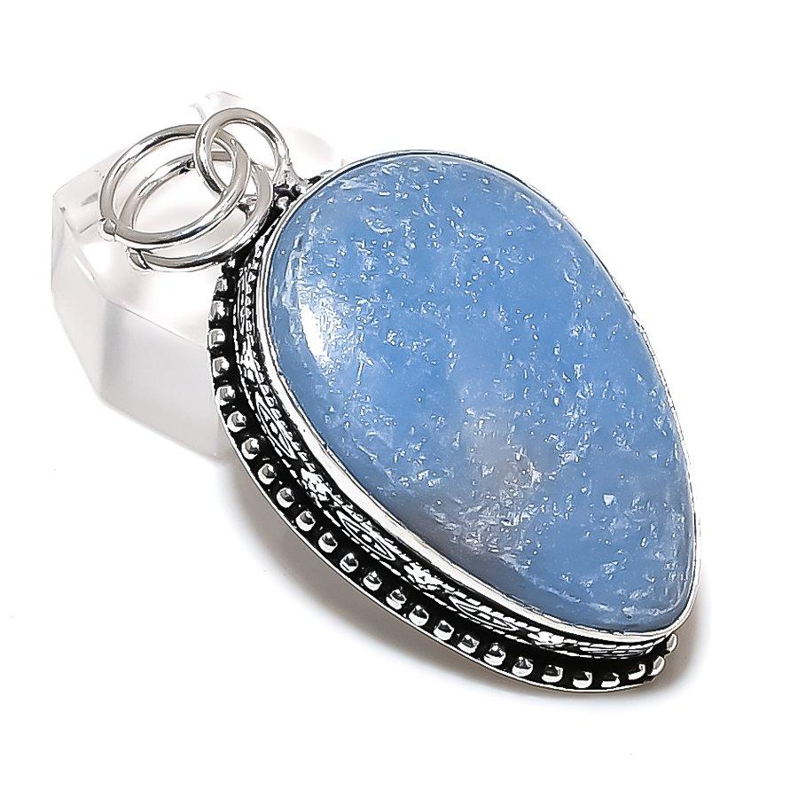 Natural Angelite Stone Gemstone Handmade 925 Sterling Silver Pendant 2.17" b2R68