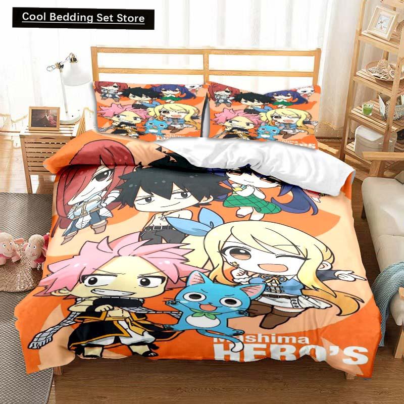 3D Anime Fairy Tail Bedding Set Bed Three-piece Set Duvet Cover Single Double Bed Queen Size Duvet Cover Set Adult Kid's Bedroom