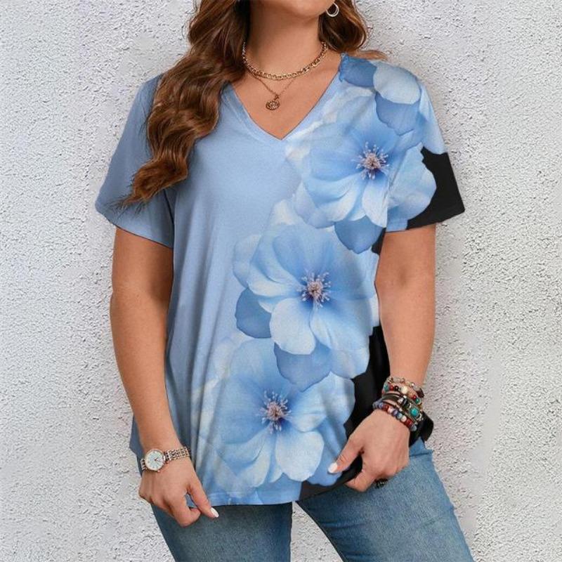 

Красочные цветочные принтованные женские футболки футболка с короткими рукавами и V-образным вырезом свободный повседневный топ летняя уличная одежда 2024 новинка 8XL