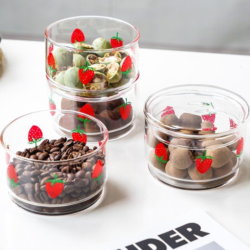 Korean Strawberry Glass Bowl with Bamboo Lid Cute Cherry Snack Box Fruit Capacity Fresh Box Jars with Lid for Kitchen StorageJar