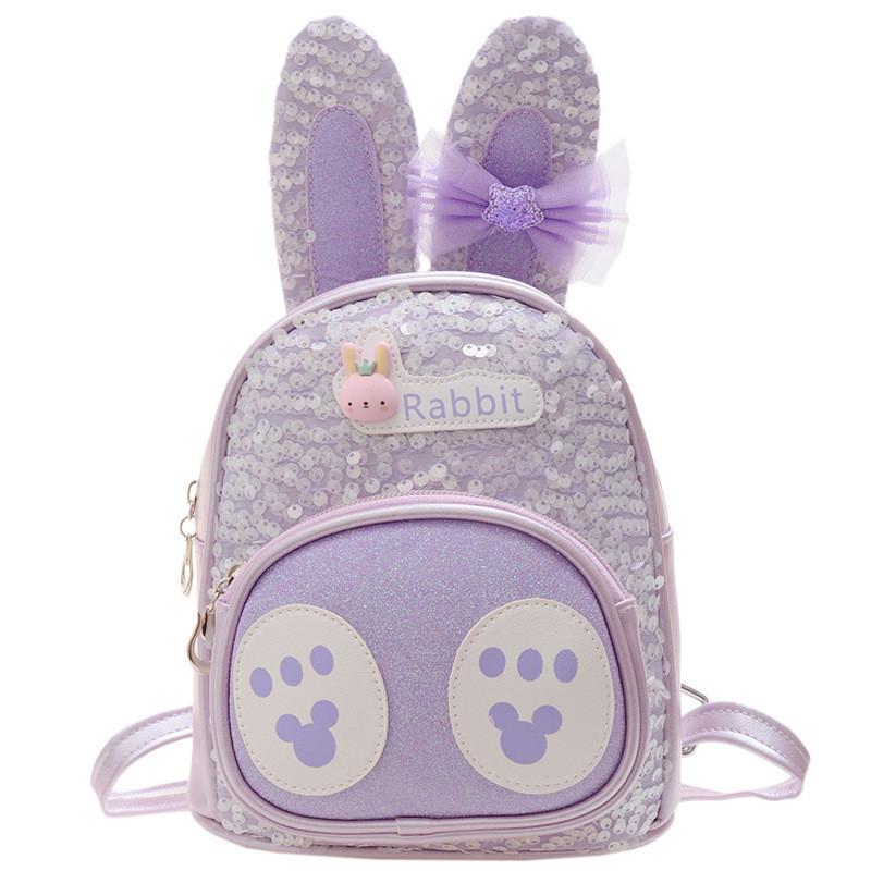 Adorable Bunny Ear Cartoon Kids Backpack Stylish Korean Design Sequin Pu Material