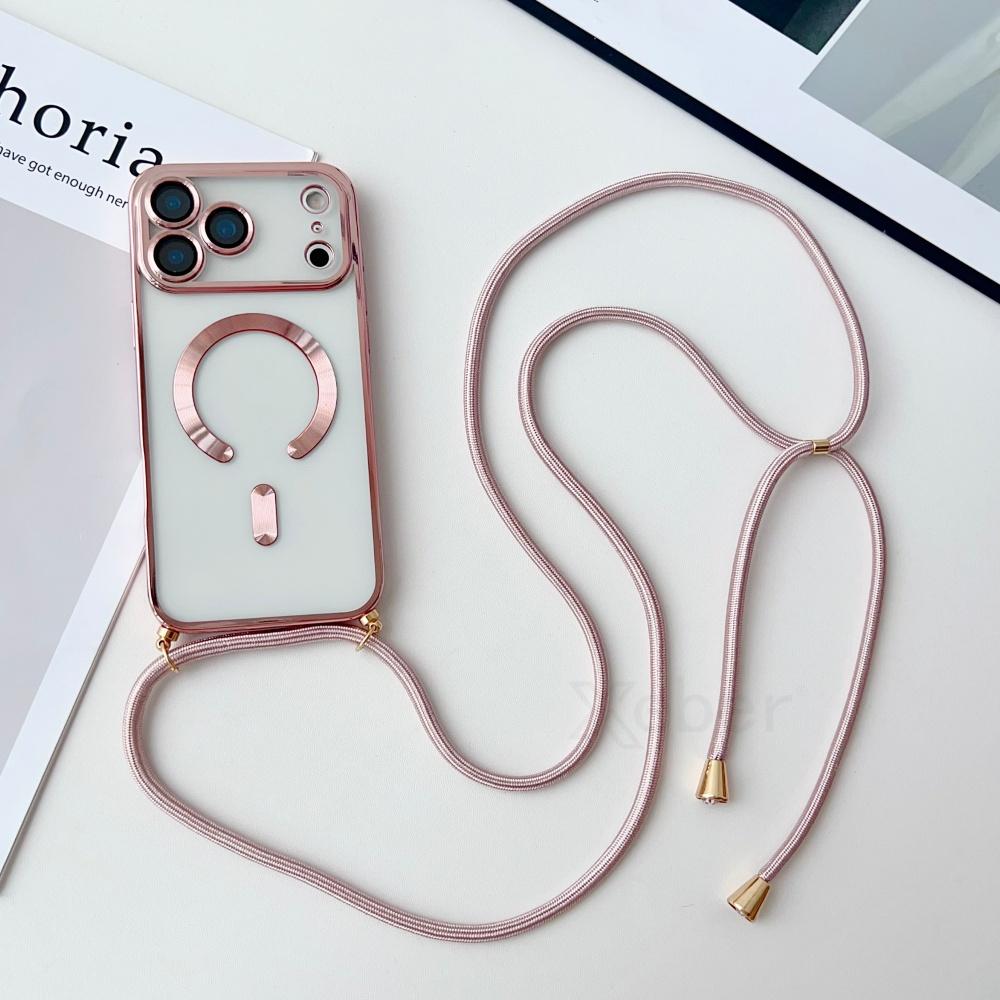 Crossbody Necklace Lanyard Plating Magnetic Case For iPhone 17 Pro Max 16 15 13 12 14 Plus Clear For Magsafe Soft Silicone Cover