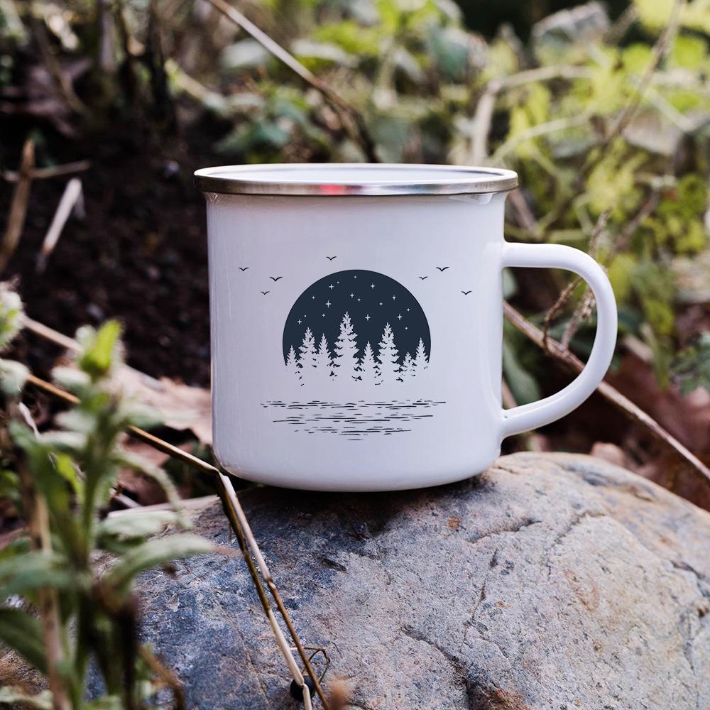 Sunset Forest Creek Creative Enamel Coffee Mugs Outdoor Travel Water Cups Camping Bonfire Party Beer Drink Milk Mug Best Gifts