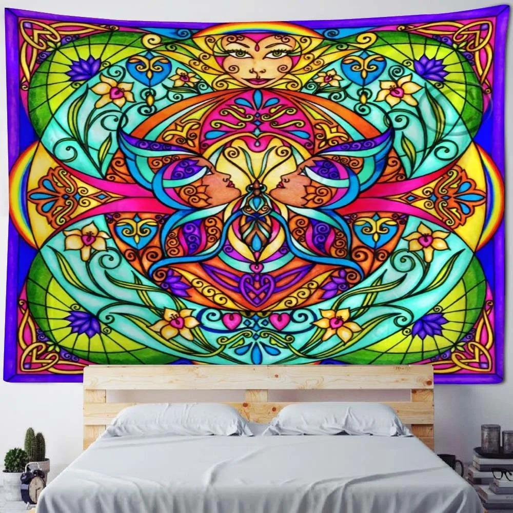Bohemian Home Fabric Wall Decor Mandala Tapestry Wall Hanging Psychedelic Multicolor Geometric Fractal Art Room Decor