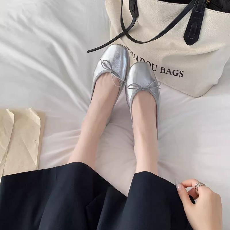 Sheepskin Version~ Classic Versatile Round Head Shallow Mouth Temperament Bow Flat Sole Shoes Women