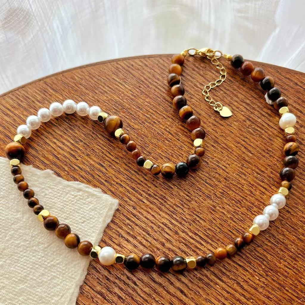 Vintage Maillard High Quality Natural Tiger'S Eye Stone Artificial Crystal Pearl Necklace Clavicle Chain