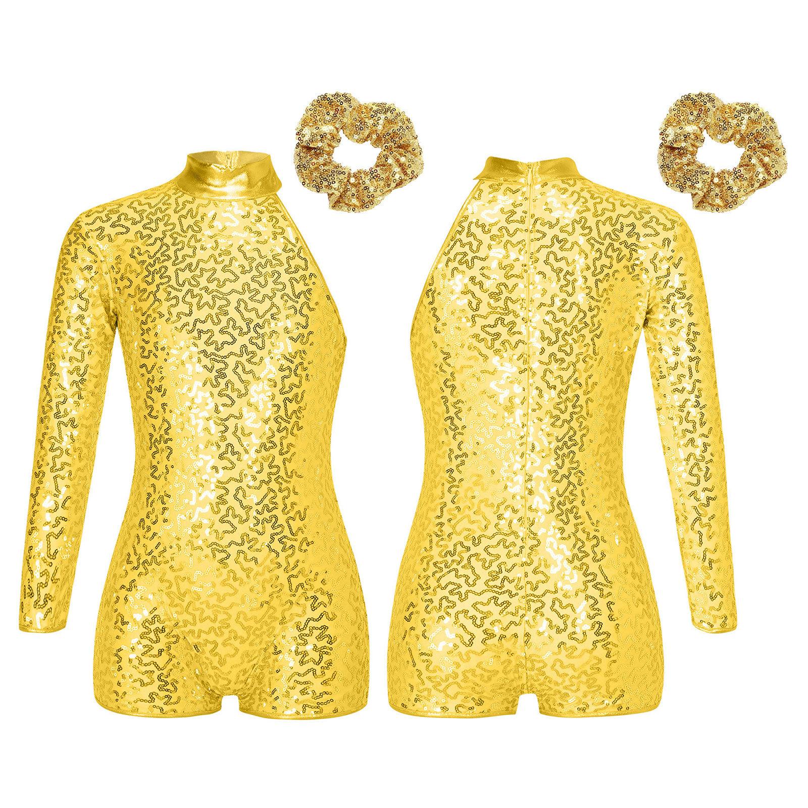 

Діти, дівчата, гімнастичні костюми, балетні танцювальні купальники з паєтками з довгим рукавом і гумкою для волосся 5-6 Years золотий