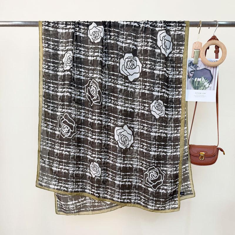 New spring and summer plaid rose scarf women's thin classic camellia breathable shawl travel sun protection