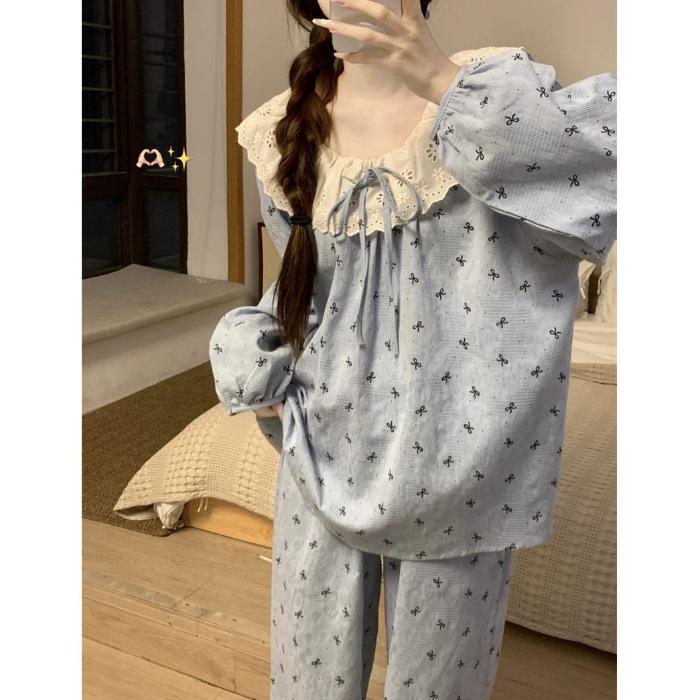Korean ins style blue bow printed pajamas women s spring and autumn new suit women s loungewear M