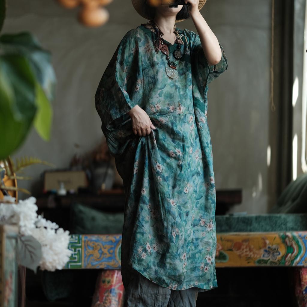 Johnature Damen Vintage Print Blumenkleid V-Ausschnitt Herbst Locker Chinesischer Stil A-Linien-Kleid