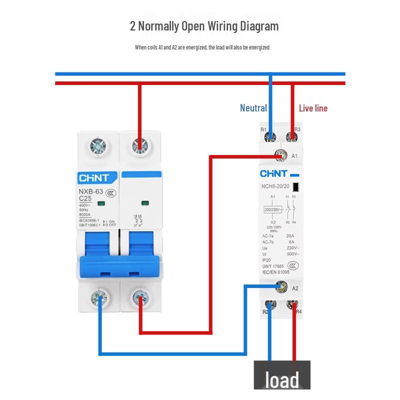 Chint Single-Phase AC Contactor NCH8-20/20, 20A, 240V, 2P, DIN Rail Mount