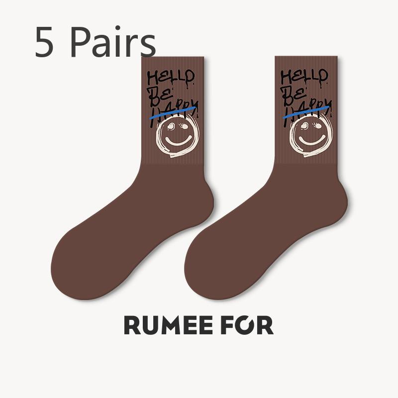 5 Pairs of Women's Spring Trend Letter Sports Mid Calf Socks