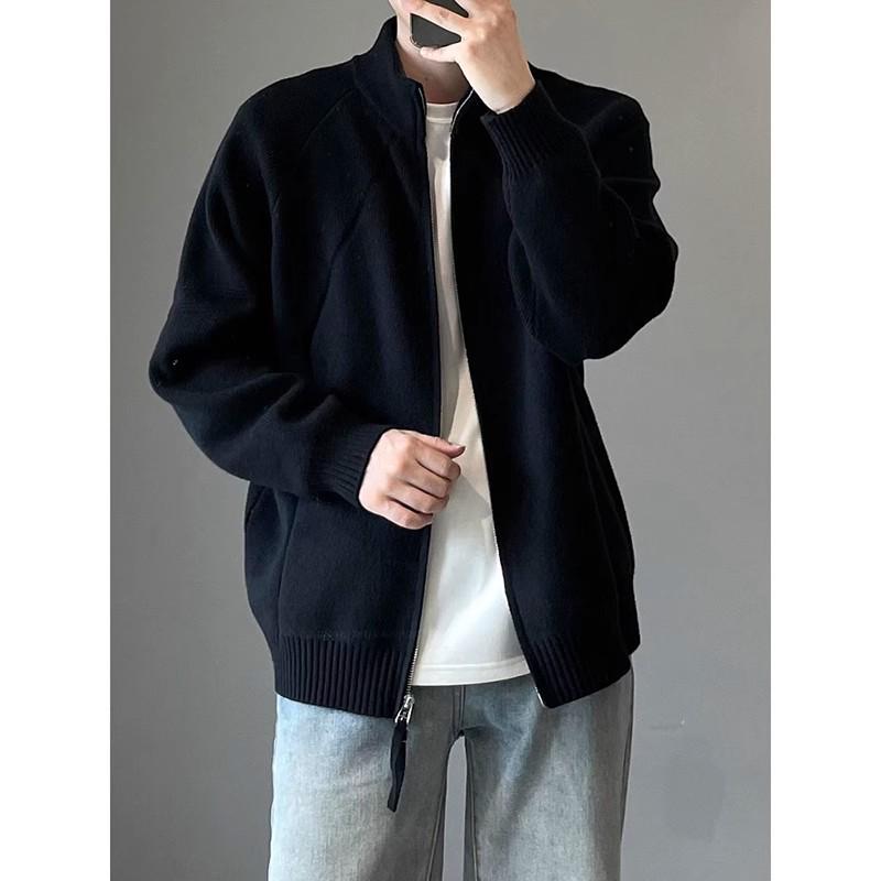 Men's Stand Collar Korean Style Double Zipper Knit Cardigan for Autumn/Winter
