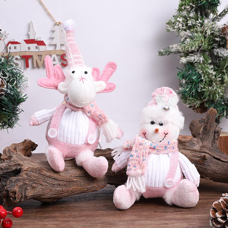 Adorable Pink Snowman And Reindeer Plush Figurines For Christmas Holiday Decor