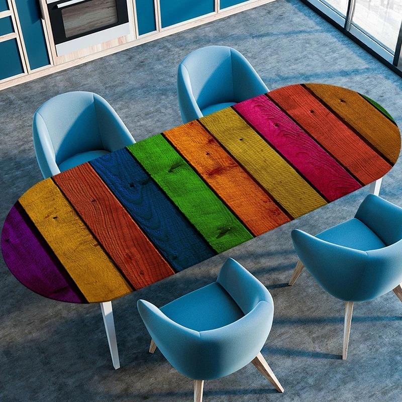 Wooden Plank Texture Style Waterproof Oval Tablecloth Oil-Resistant Elastic Stretch Fitted Table Cover Kitchen Dining Outdoor