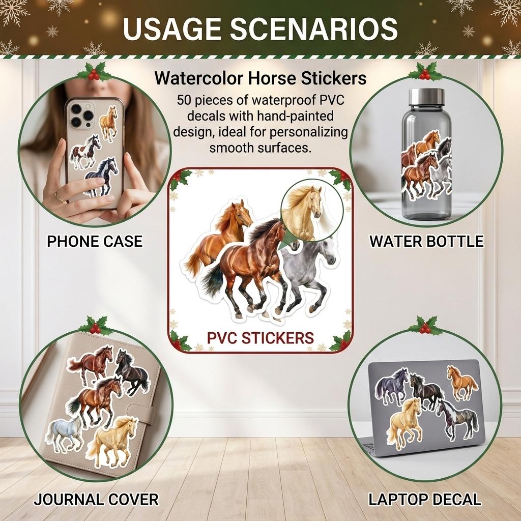 50Pcs Cute Horse Watercolor Stickers Waterproof Decals for Phone Cup Decoration