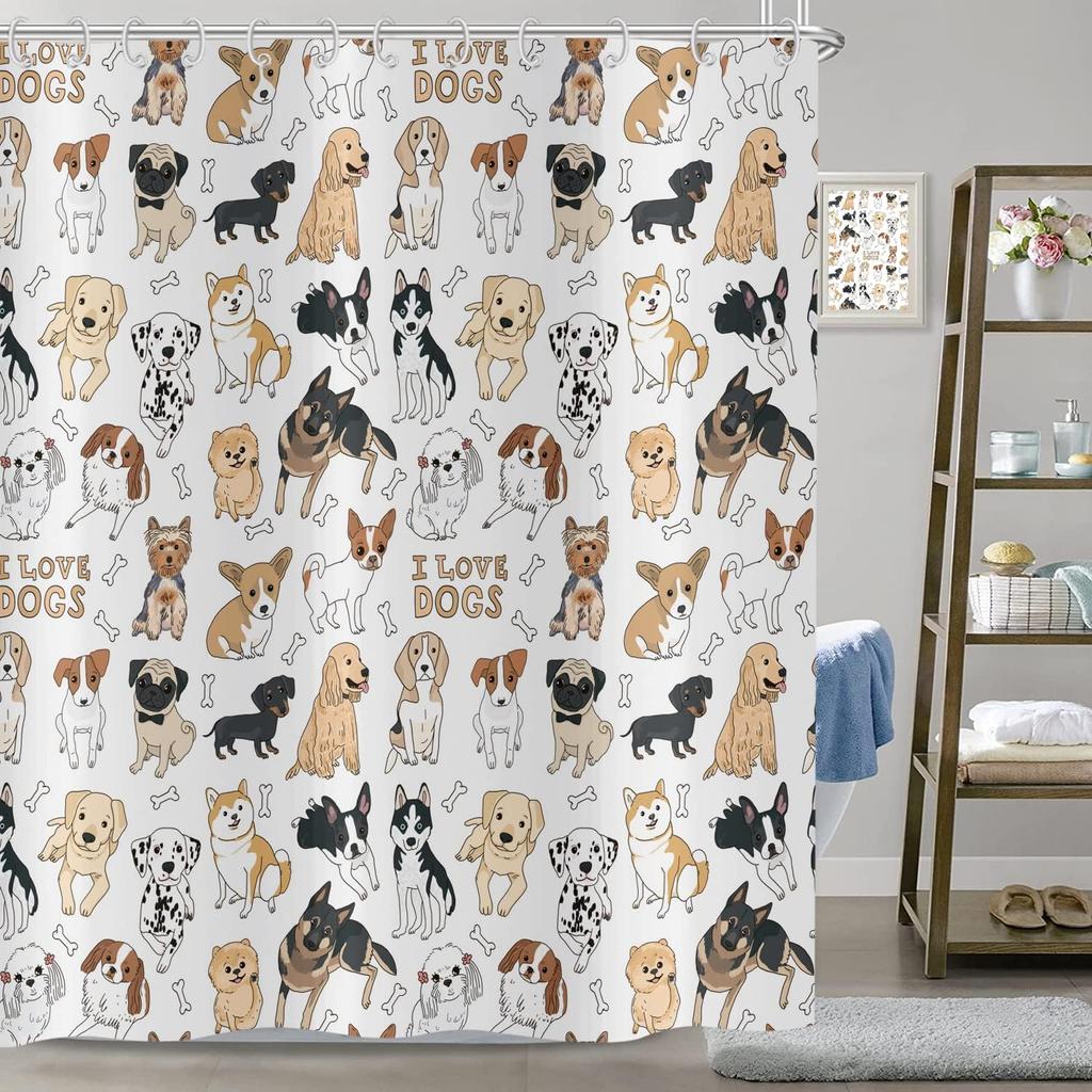 Funny Cute Puppy Animal Pattern Shower Curtain 180x 180cm, Kids Bathroom Decorative Shower Curtain Waterproof