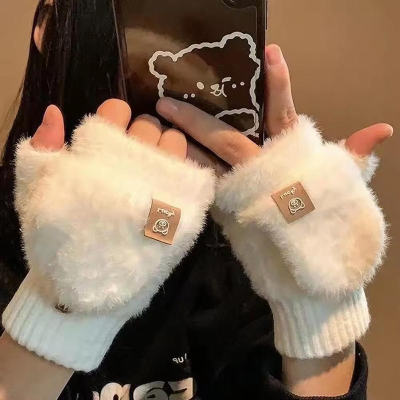 Korean Knitted Flip Up Dual Purpose Gloves for Women Cute Bear Skin Friendly Soft Warm Warm Gloves Office Writing Student Gloves