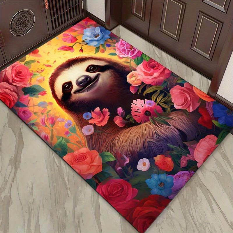 Happy Sloth in Flowers Rug for Kids' Rooms - Fun Animal Print Carpet with Bright Colors | Playroom Decor Skid resistant carpet