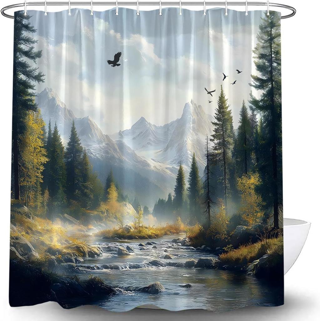 Eagle Forest Shower Curtain Spring Mountain River Tree Nature Scenery Landscape Wild Animal Jungle Wildlife Rustic Farmhouse