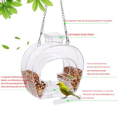 Mangeoire à oiseaux à fenêtre de visualisation transparente avec support perchoir Décor de jardin Installation suspendue Plateau double couche et abreuvoir