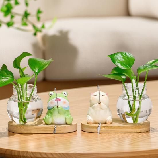 Mini Plant Propagation Station, Hydroponic Glass Vase with Cute Animals Figurine, Home Office Desks Aesthetic Decorations, Gift for Women Plant