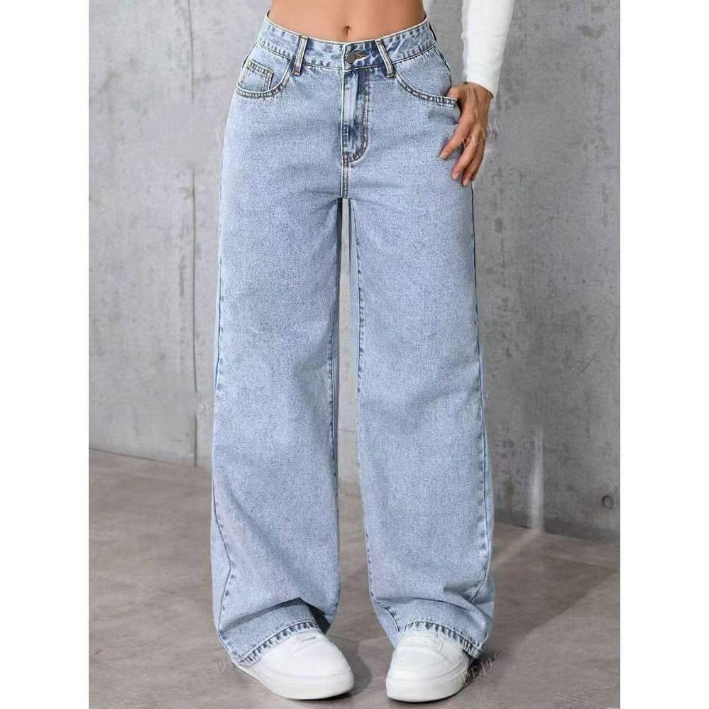 Pantaloni di Jeans da Donna a Vita Alta, Vestibilità Larga, con Dettagli a Bottone per Uso Casual