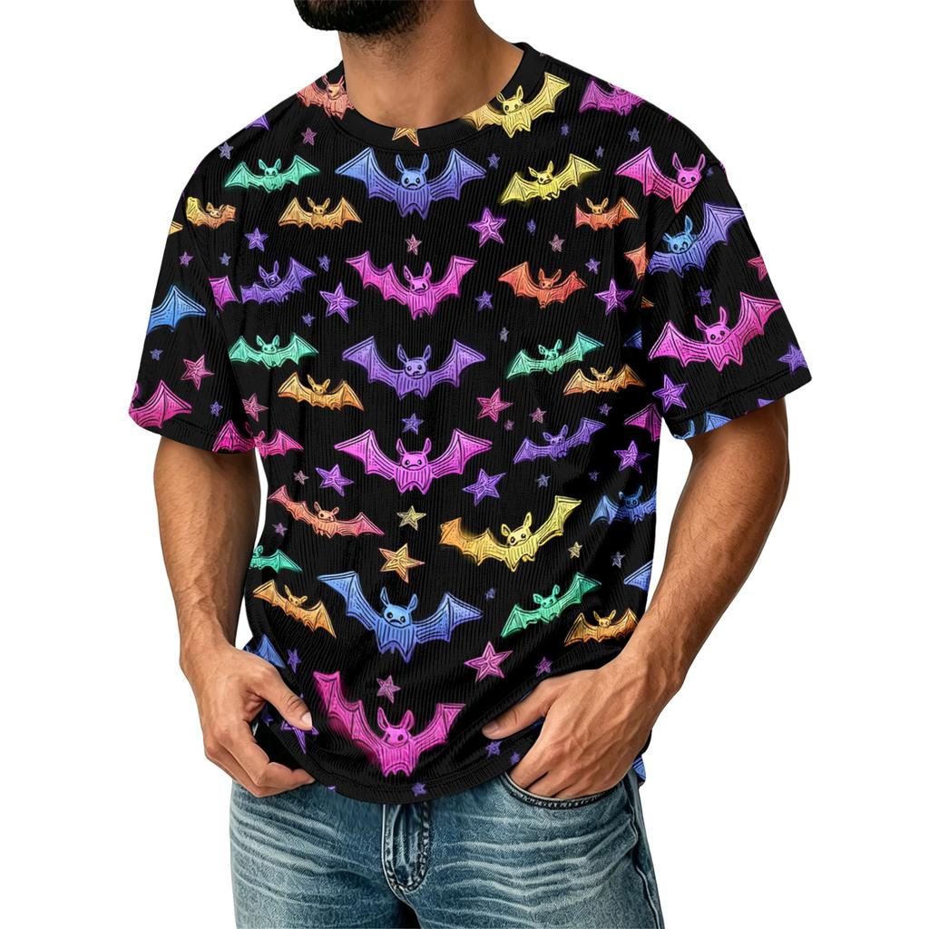 Herren Freizeit-Corduroy-Kurzarmhemd Leicht Atmungsaktiv Rundhalsausschnitt Oberteil Halloween-Muster Design Bequeme Passform