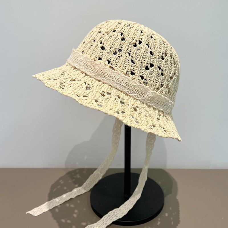 New Lace Strap Basin Hat Women's Hollow Breathable Bucket Hat Summer Beach Seaside Vacation Sun Hat