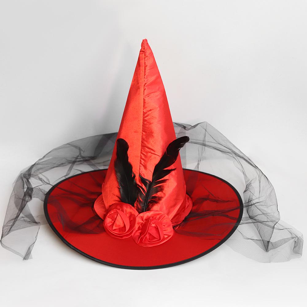 Halloween Witch Hat with Rose Flower Mesh for Adults & Kids - Masquerade Costume Party Accessory