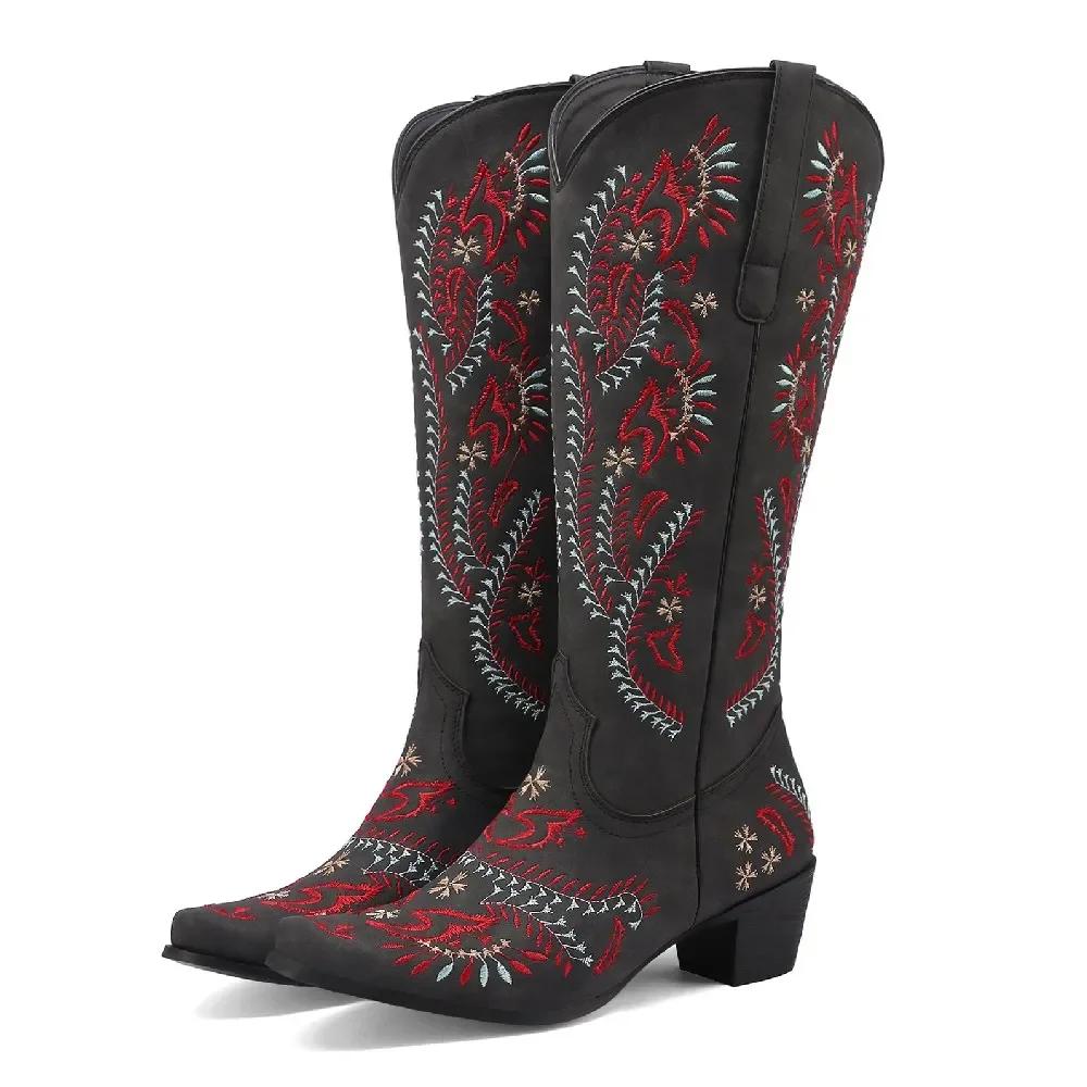 Embroidery Western Women Knee High Boots Brown Black PU Square Heels Winter Round Toe Vintage Cowboy Cowgirl Slip-on Long Boots
