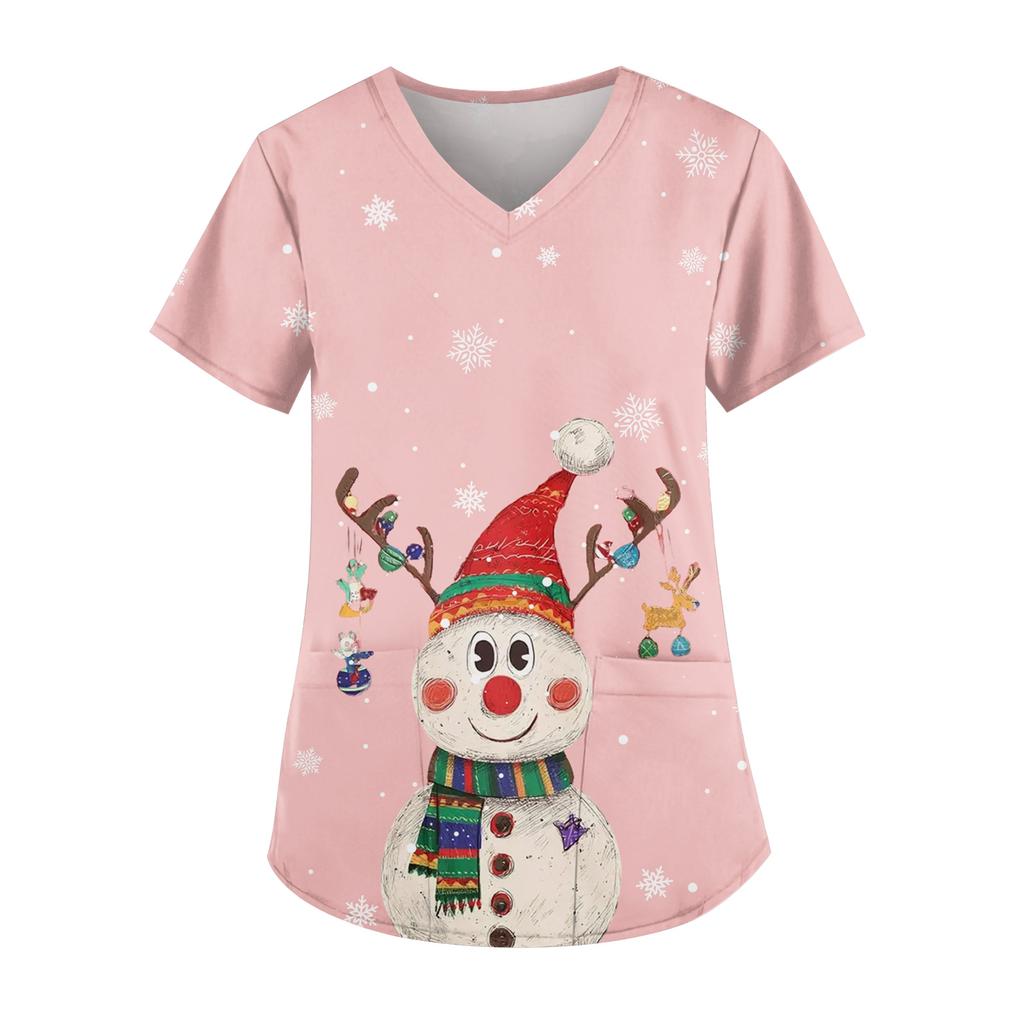 Ladies' Fashionable V-neck Pocket Short Sleeved Christmas Tree Printed Caregiver Uniform