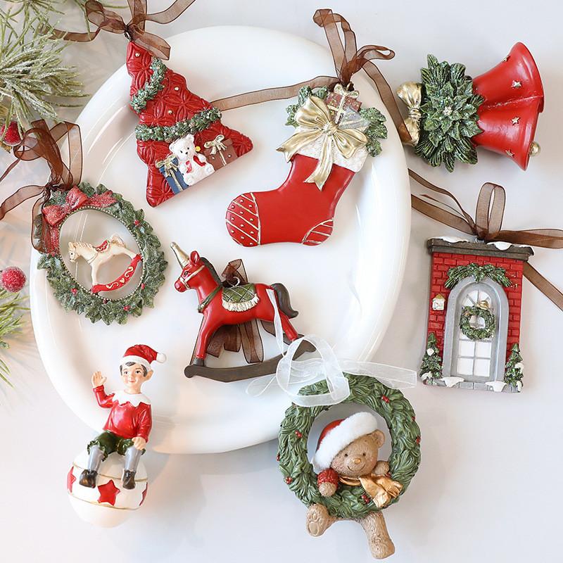 Ornament Tree Christmas Resin Vintage Bell Bow Wreath Christmas Stocking Pendant