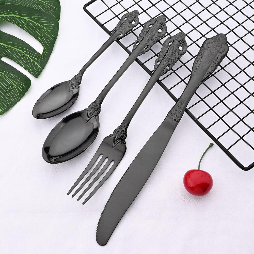 Black 18/10 Stainless Steel Retro Cutlery Set Dinnerware Set Knife Fork Spoon Tea Spoon Tableware Set Kitchen Dinner Flatware Set