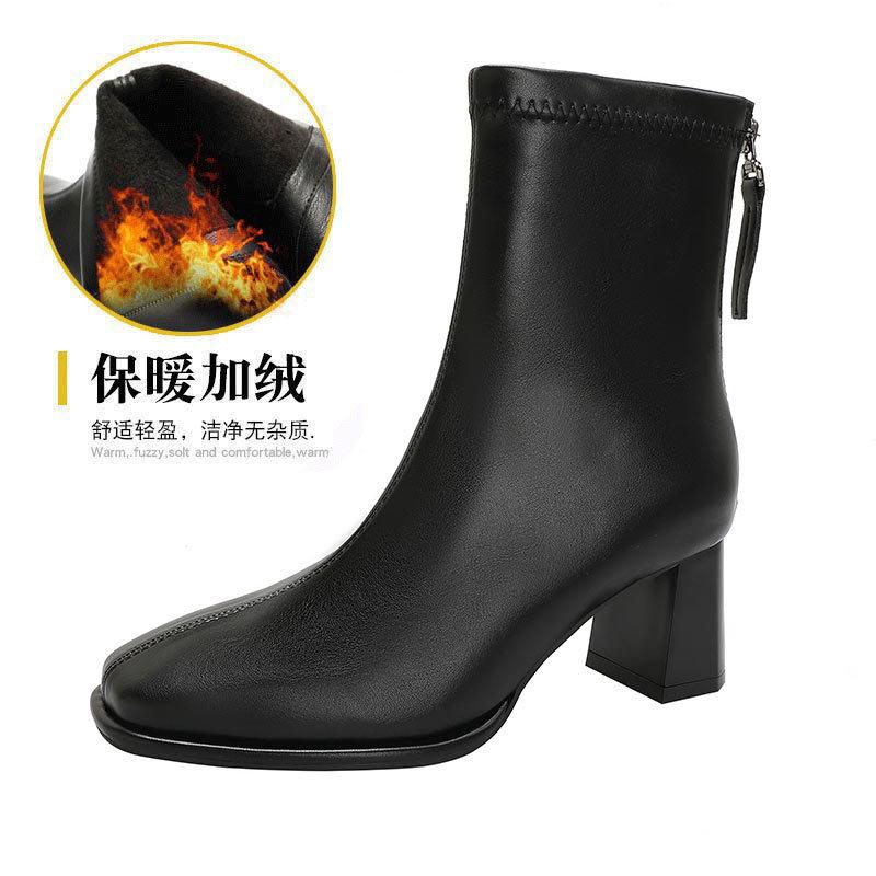 High-heeled short boots women's 2025 new autumn and winter mid-tube fashion boots square head thick heel thin boots brown French short boots