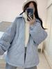 Japanese Student Women's Retro Blue POLO Collar Warm Cotton Workwear Jacket