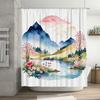 Watercolor Scene Shower Curtain Nature Landscape with Mountains and Flowers Pink Clouds Above Waterfall Decorative Fabric Liner