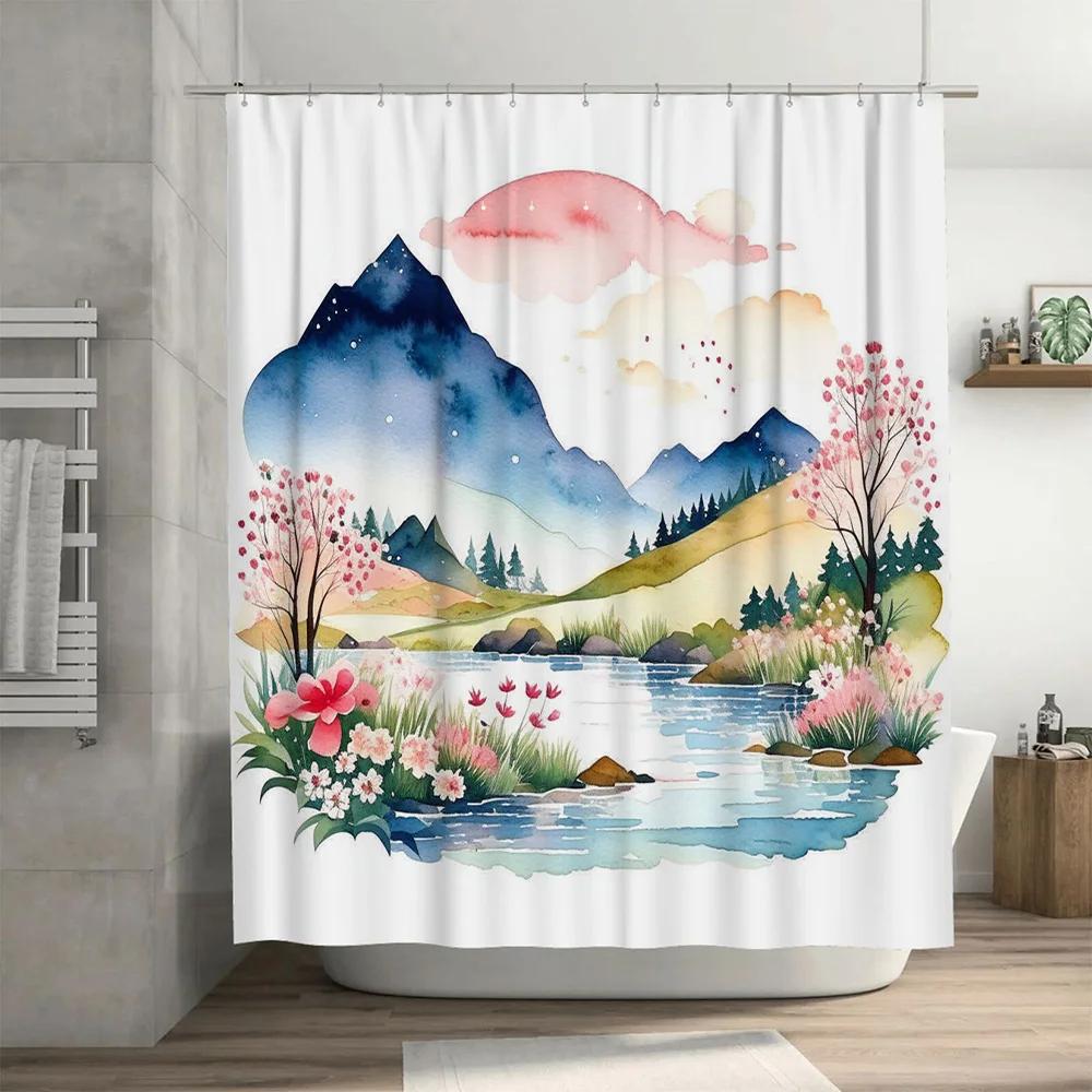 Watercolor Scene Shower Curtain Nature Landscape with Mountains and Flowers Pink Clouds Above Waterfall Decorative Fabric Liner