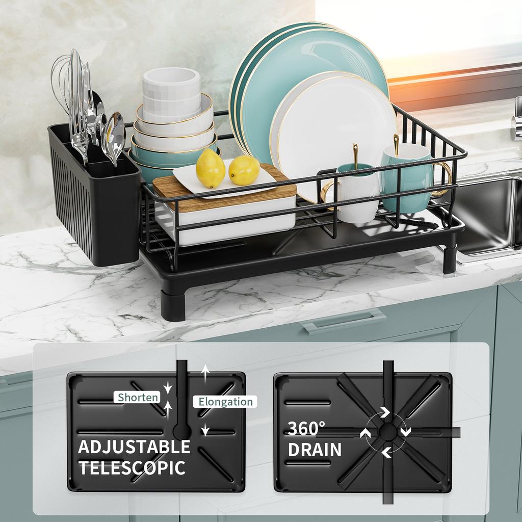 1pc Dish drying rack Kitchen countertop tableware storage with Automatic drying Black White