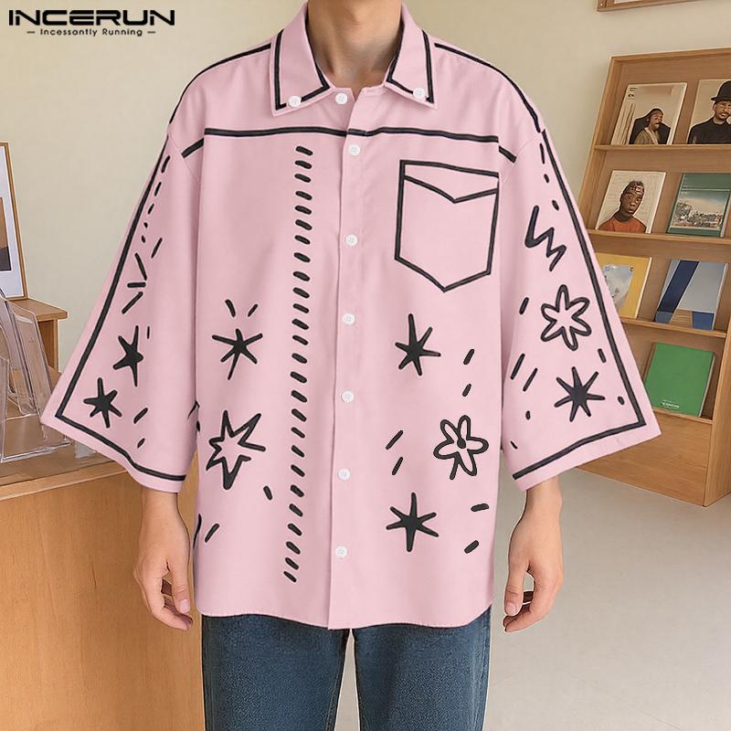 INCERUN Oversized Summer Men Lapel Neck 3/4 Sleeve Cartoon Print Casual Loose Shirts