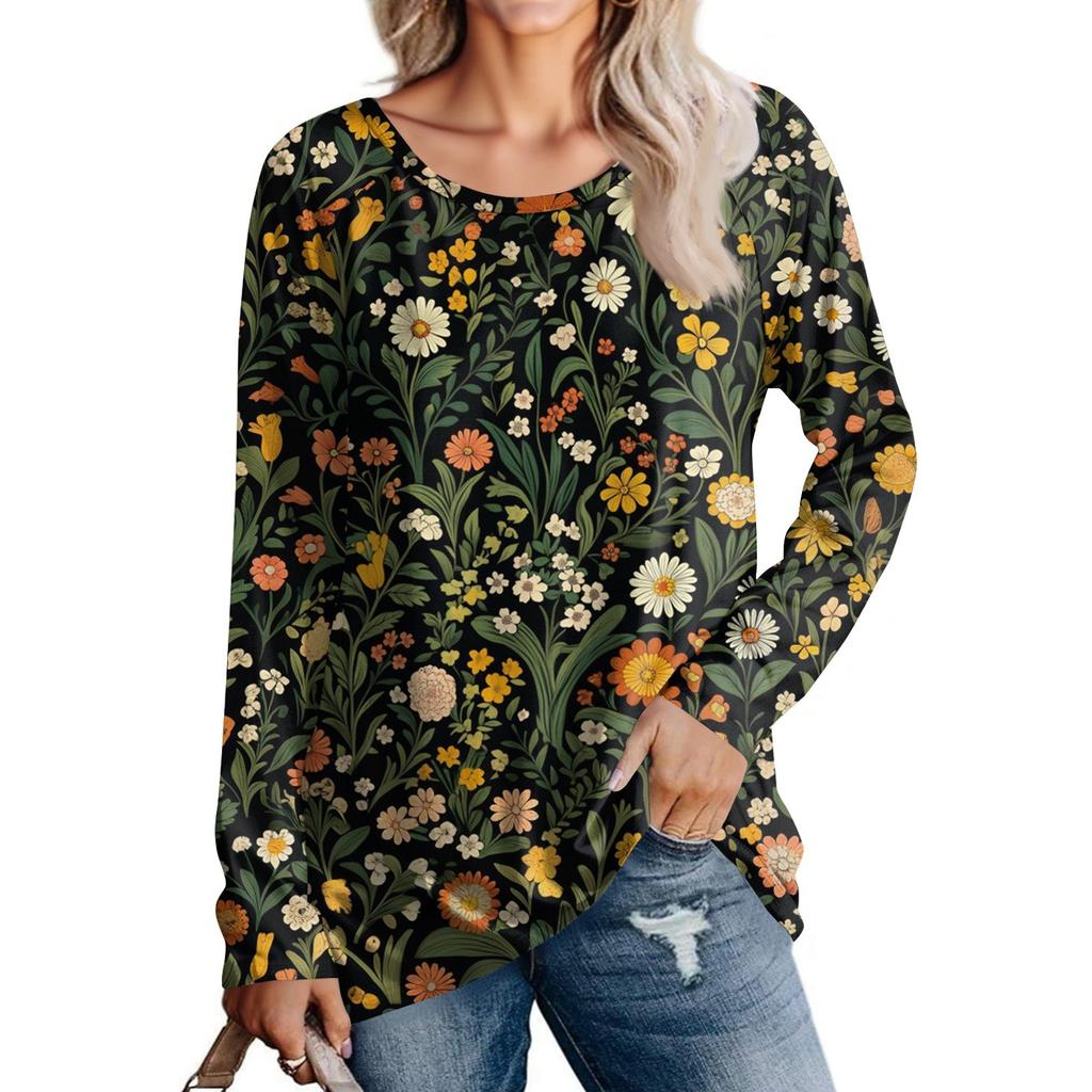 Damenmode Lässig Langarm Print Rundhals Pullover Top Bluse