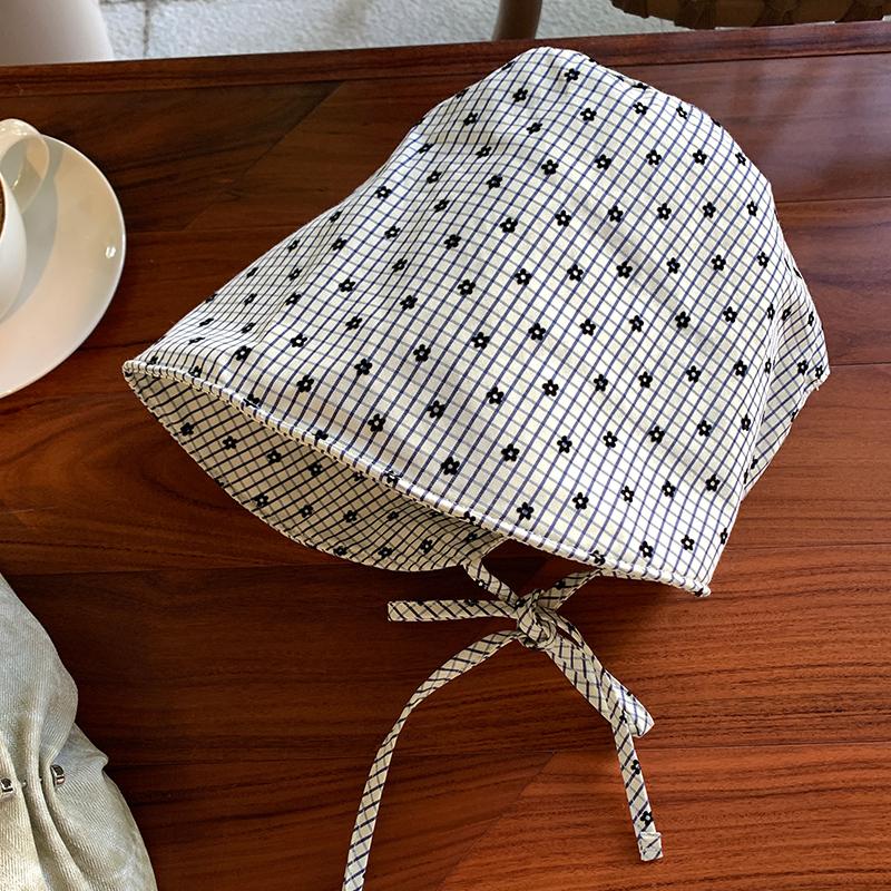 Simple Plaid Floral Fisherman Hat for Women, French-style Large Brim Sun Hat for Spring and Summer, Outdoor Face-shading Sun Protection Bucket Hat