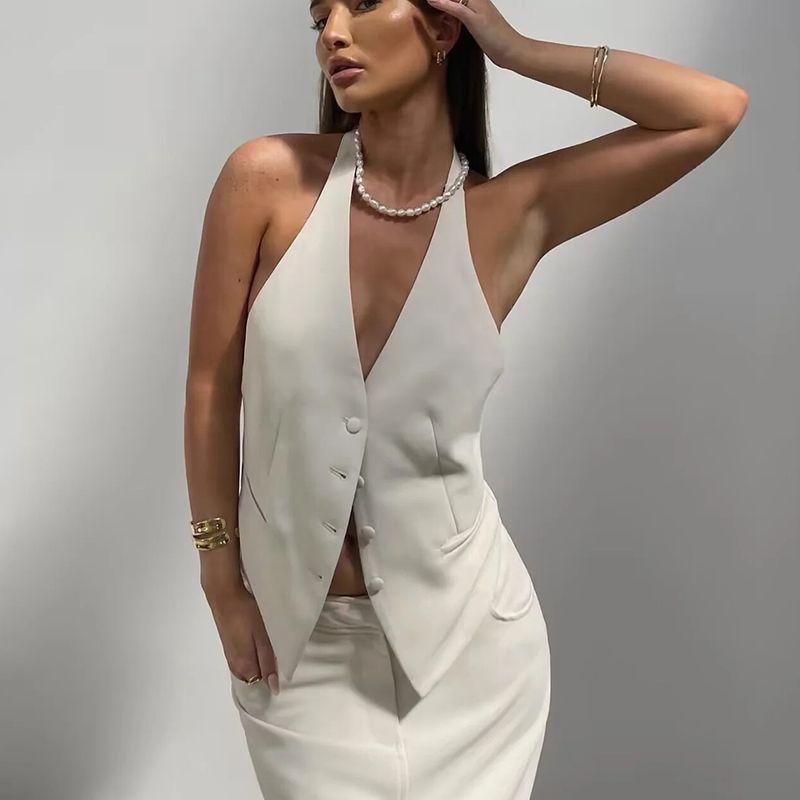 Summer New Product Women's Clothes Commute Style Single Breasted Open Back V-neck Halter Sleeveless Short Vest Jacket Tops